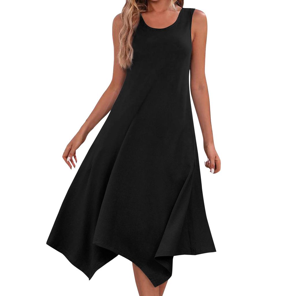 Women's Casual Fashion Round Neck Sleeveless Irregular Hem Midi Dress