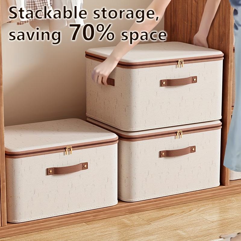 Foldable Linen Storage Box with Double Zippers And Faux Leather Handles,Large Capacity Under-Bed Storage Basket with Lid