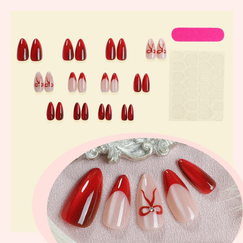 European & American Cat Eye Almond Fake Nails with Simple Bow Design - High-End Wearable Manicure Tips