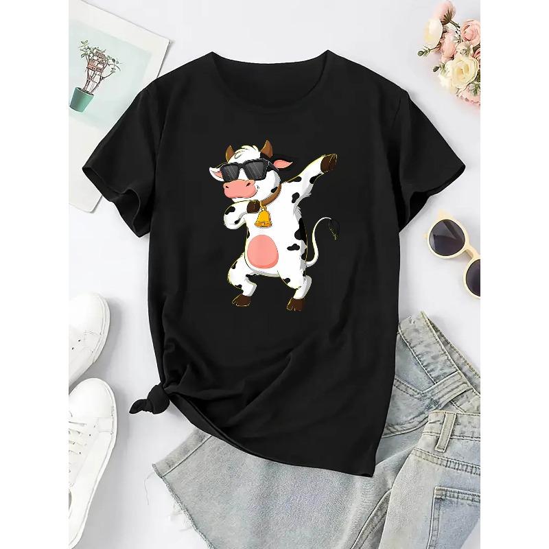 Women's Dancing Cow Print T-Shirt - Cute Cow Dance Short Sleeve Summer Top, Casual Round Neck Blouse for Casual Attire & Themed Parties,