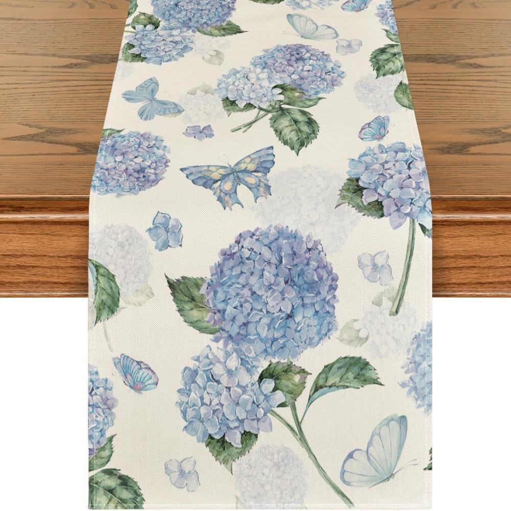 Vintage Blue Lemon Linen Table Runner Purple Hydrangea Tablecloth Table Cover Table Decor