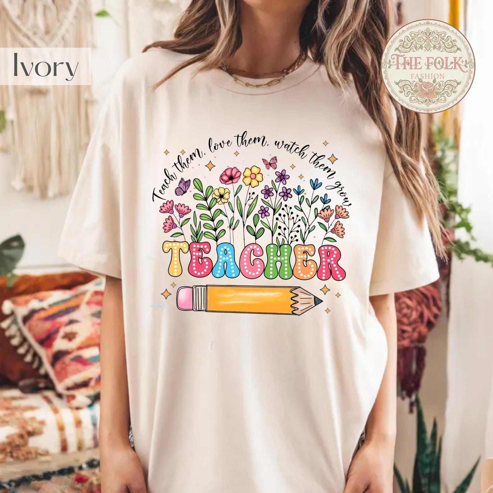 Teach Them Love Them Shirt, Retro Teacher Wildflower Tee, Back to School Teacher Shirt, Elementary Teacher Gift,Preschool Teacher Pencil Tee 4XL