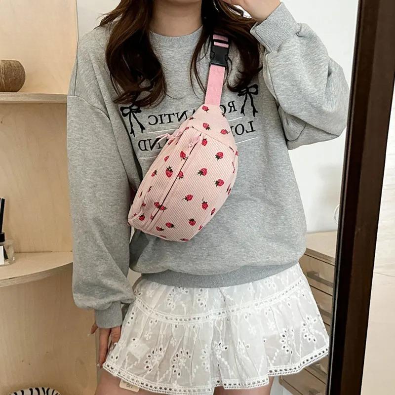 Waist Bag Women Men Corduroy Fanny Pack Strawberries Pocket Fashi Chest Handbag Sports Travel Purse Plaid WaistPack Belly Bags