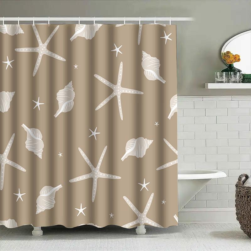 Beach-themed Shower Curtain with White Sea Starfish and Shells for Bathroom Decor In Brown Color (set of 1) Item #XXXXX