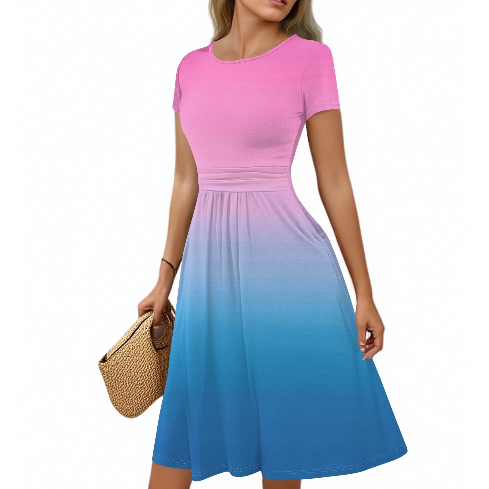 

Женское повседневное модное платье миди с круглым вырезом, плиссированными короткими рукавами, градиентной А-силуэтной юбкой XXL розовый