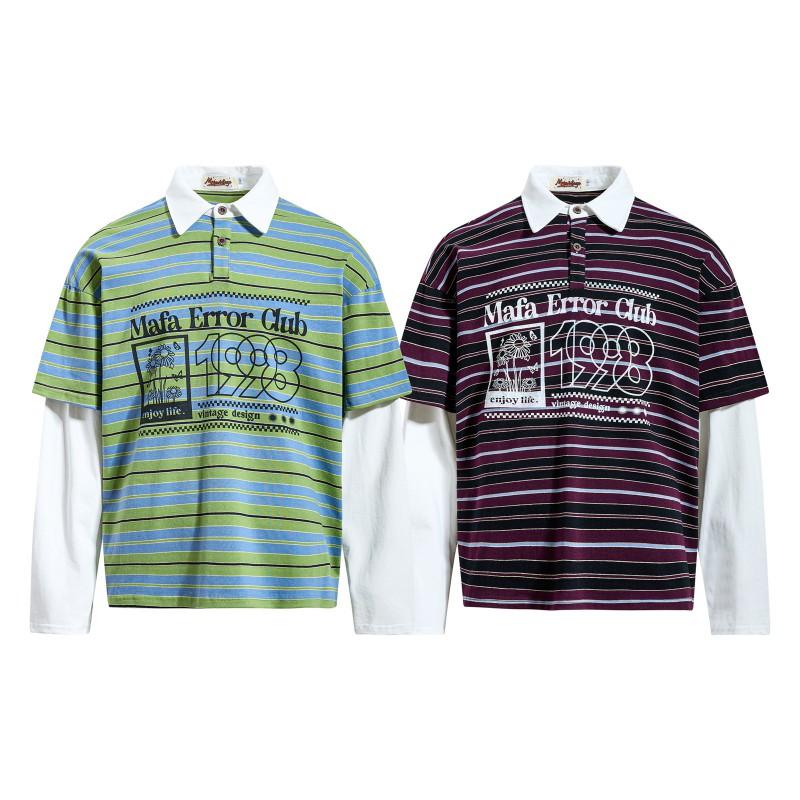 American Vintage Striped Mock Two-Piece Couple Polo Shirts Men Women Long Sleeve College Style