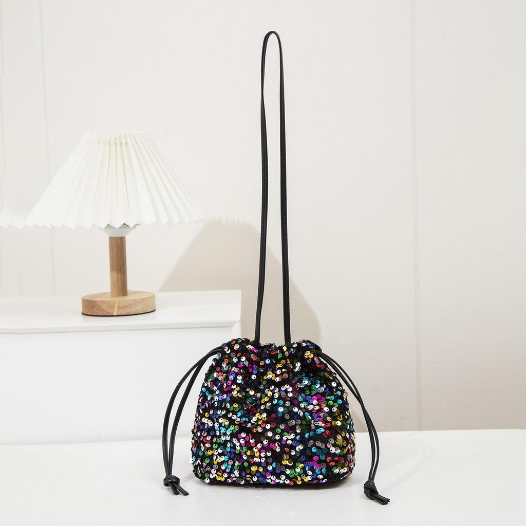 Borsa a secchiello monospalla con paillettes e coulisse: Borsa a tracolla versatile 2026 per donna - Alla moda, leggera, di lusso.