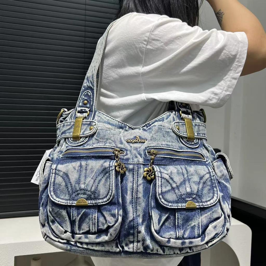 Ladies Vintage Washed Denim Tote Bag Multi Pocket Spice Girl Shoulder Crossbody Bag