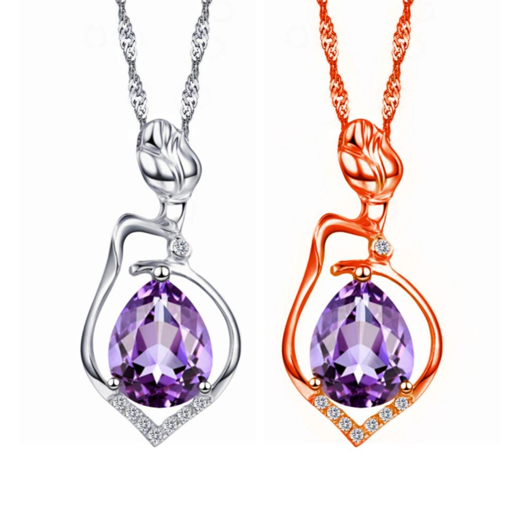 Amethyst Purple and Rose Diamond Pendant Women's Necklace - Short Clavicle Chain