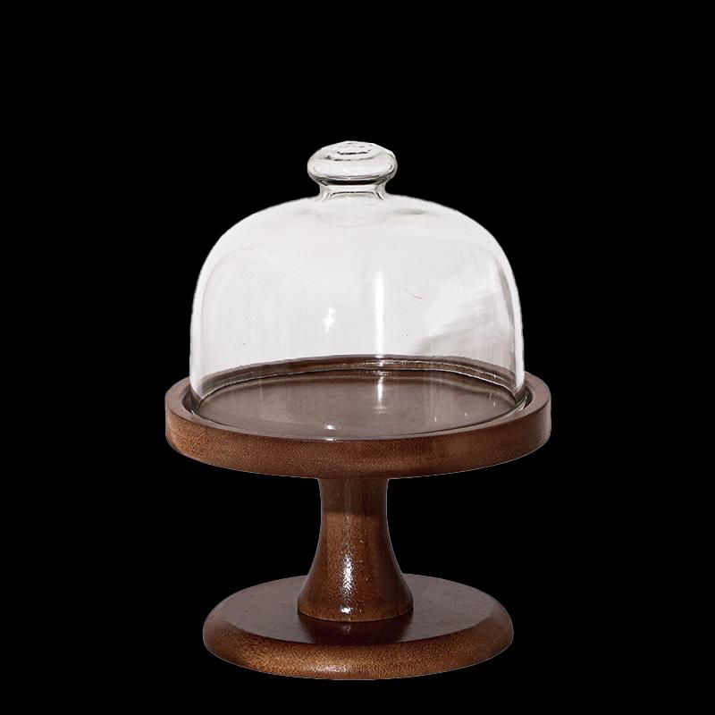 Walnut High-footed Wooden Cake Tray with Glass Lid