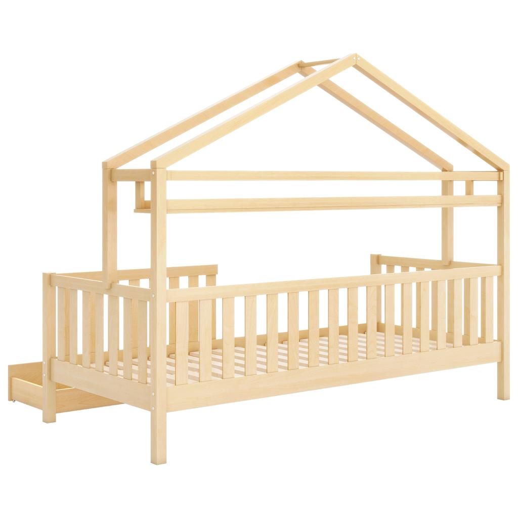 Children's bed in wood color, house bed with drawers, solid wood with slatted frame, pine, youth room, 90x200, natural [OLD SKU:3226890AAW]