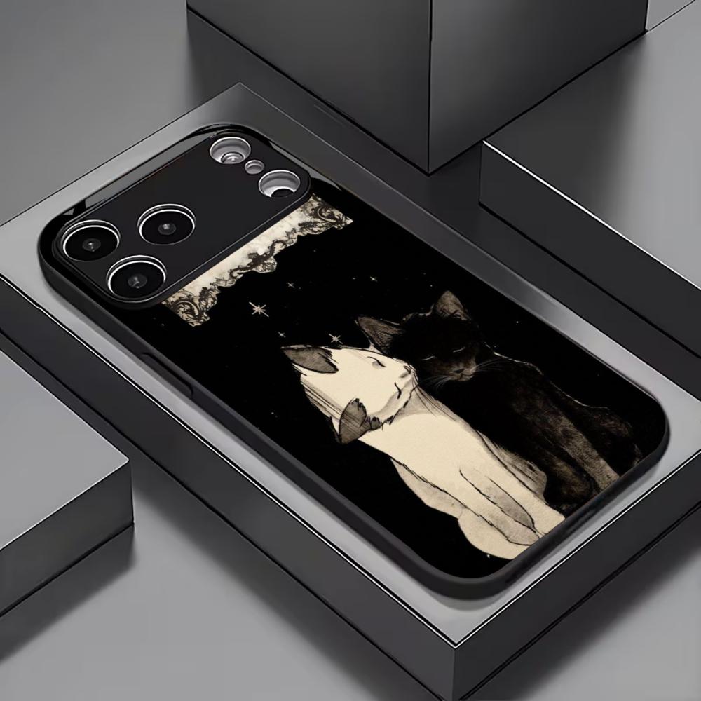 Minimalist Black & White Cat mobile phones Glass phone case for iphone 17 pro max cover for iPhone 17 16 15 14 13 12 pm Pro Plus