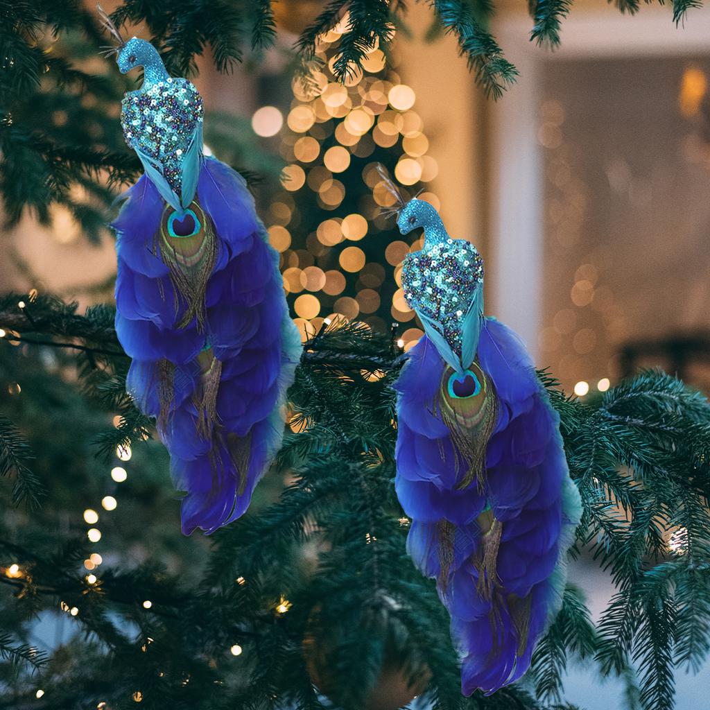 2PCS Simulation Peacock Bird Statue Glitter Clip On Artificial Feathered Peacock with Long Tail for Xmas Tree Holiday