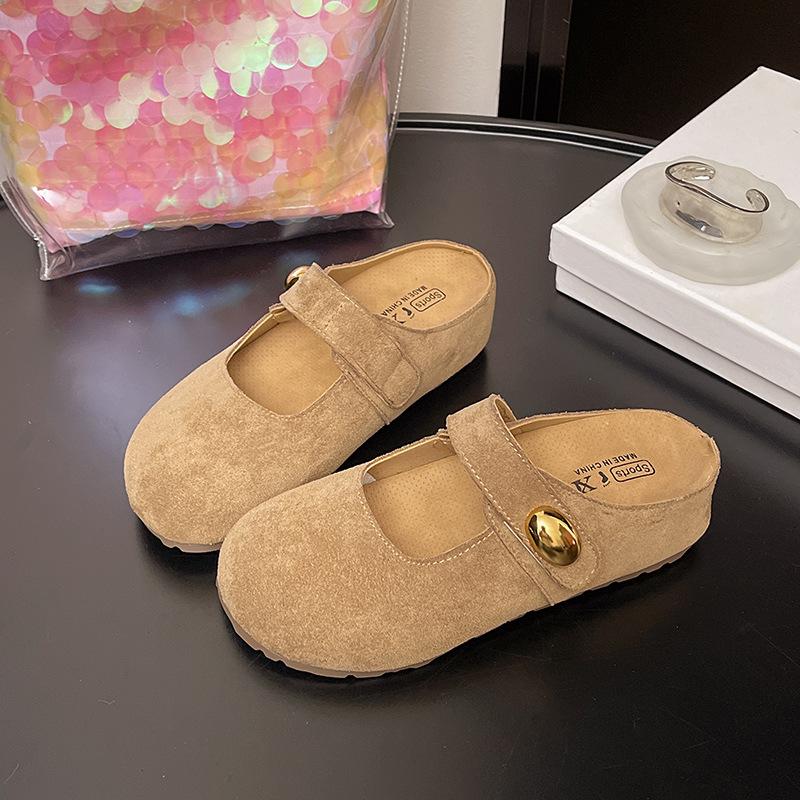 2025 New One-word Belt Imitation Leather Matte Inner Height Increase Thick Bottom Doudou Shallow Mouth Autumn Wedge Heel Doudou Casual Slippers