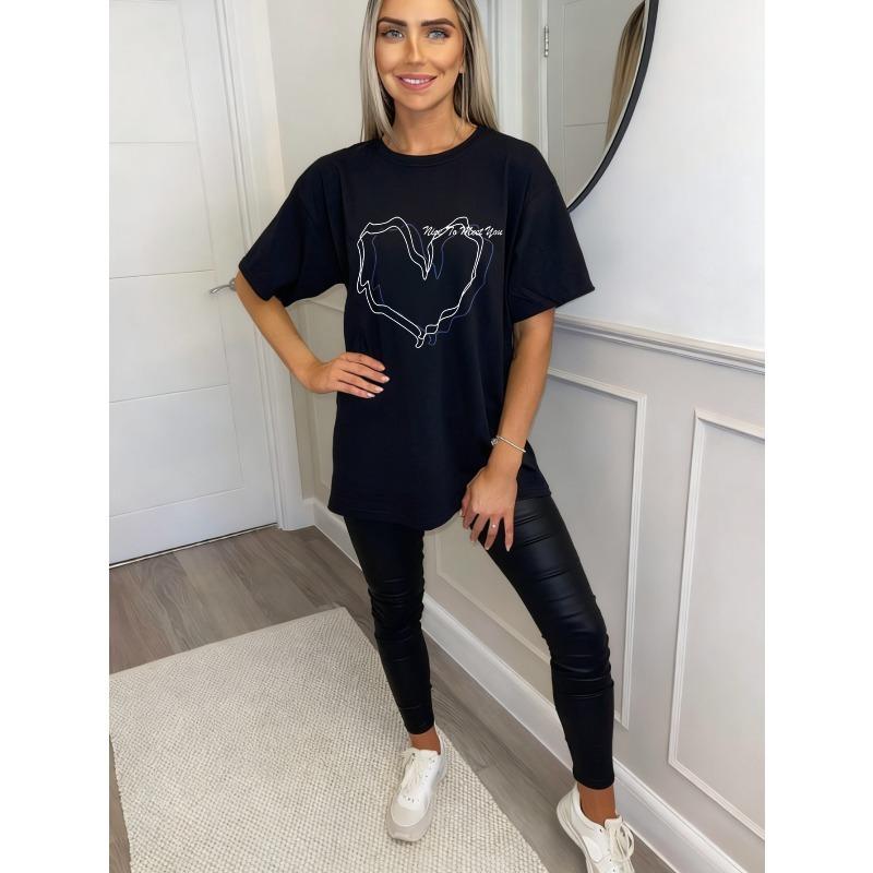 Oversized T Shirt Black Heart Outline With Nice To Meet You Text Casual Streetwear For Women