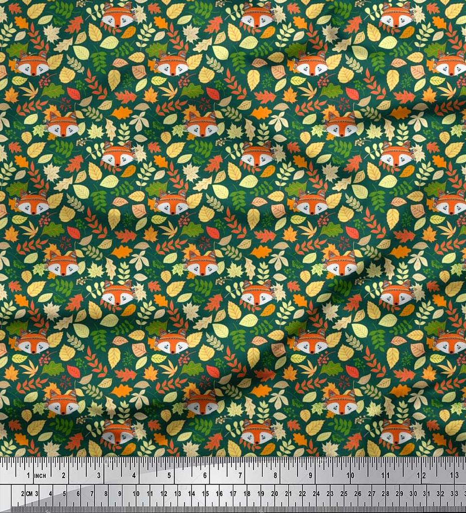 Soimoi Japan Crepe Satin Fabric Leaves & Fox Face Cartoon Printed Craft Fabric by the Metre 42 Inch