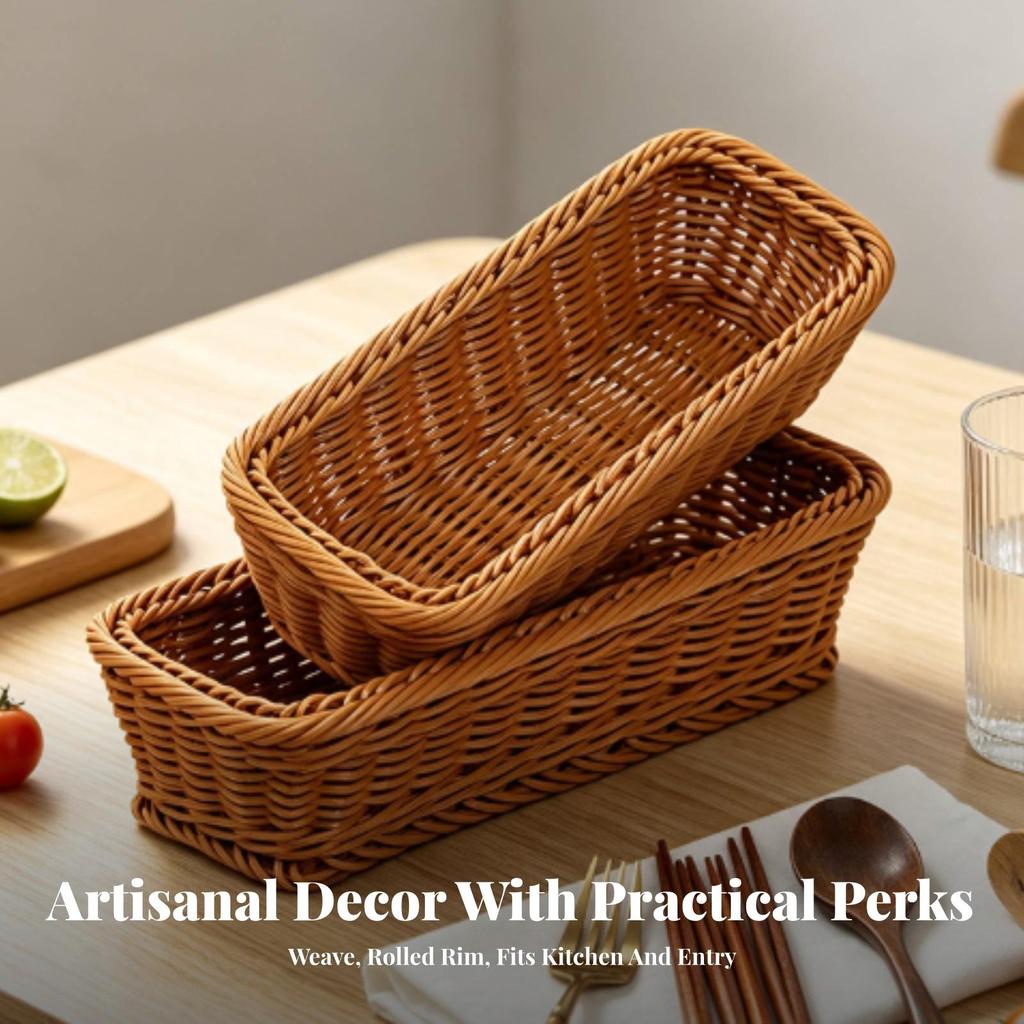 Rectangular Woven Storage Basket with Rounded Corners Handwoven for Dining Table