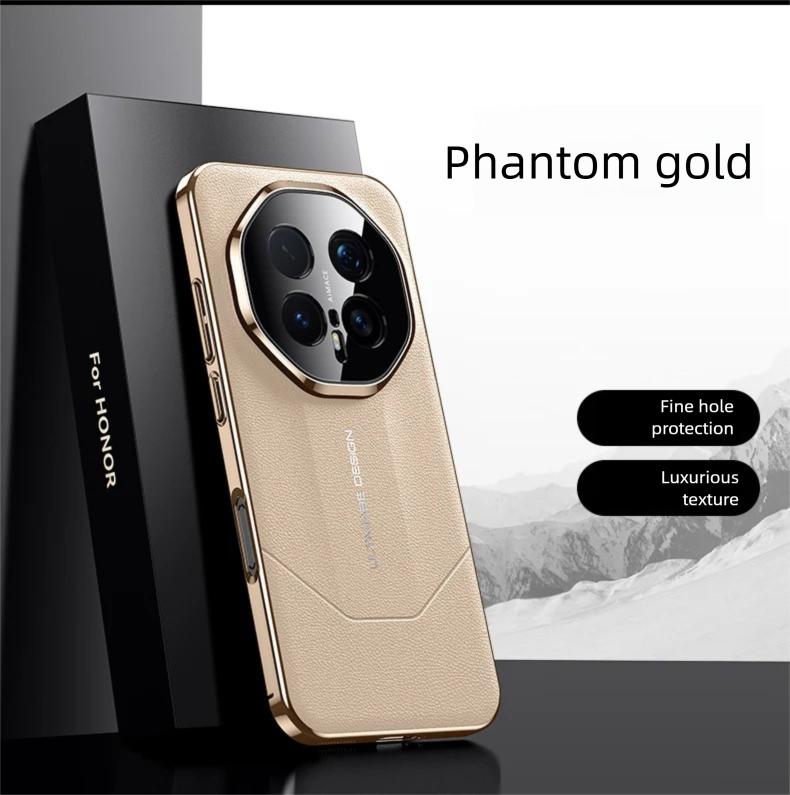 Premium Business Style Vegan Leather Case for Honor Magic 7/8 pro with Plating Frame Camera Lens Holes Cutout Protector