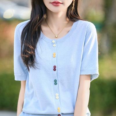 Spring and Summer Round Neck Knitted Short-sleeved Color Button Solid Color Loose Top