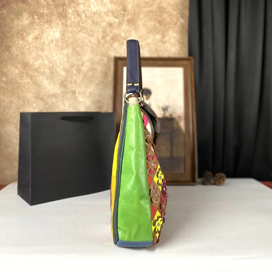 New Single Shoulder Women'S Bag Texture Head Layer Leather Tote Bag Splicing Flower Leisure Crossbody Bag