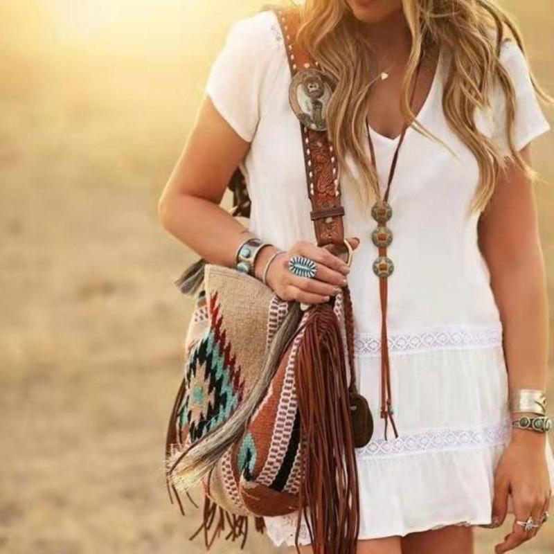 European and American Retro Bohemian Handmade Woven Flowing Silk Cotton and Linen Single Shoulder Large Bag for Women