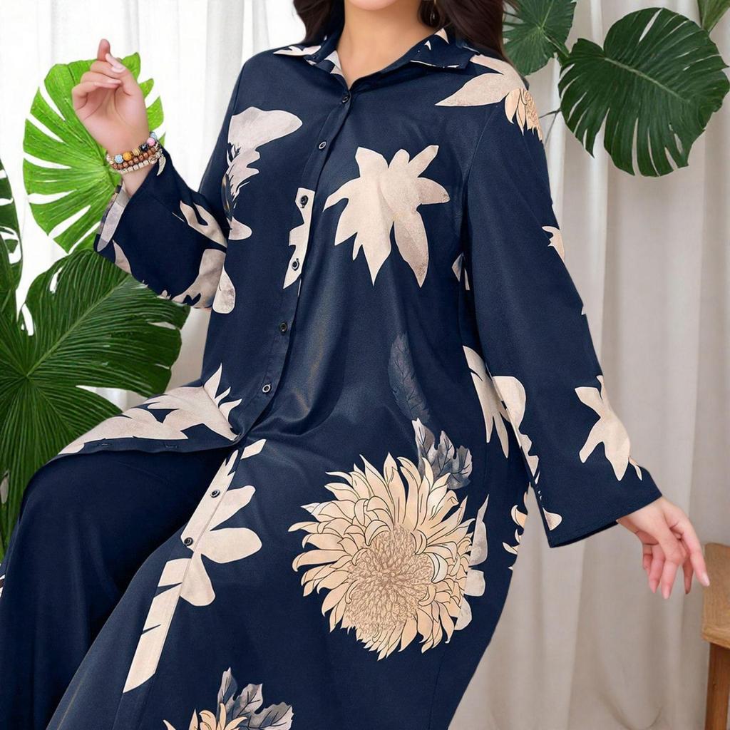 Dubai Plus Size Floral Long Sleeve & Pants with Long Skirt - Elegant Two-Piece Set