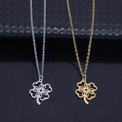 Stainless Steel Hollow Four-Leaf Clover Pendant Necklace for Women