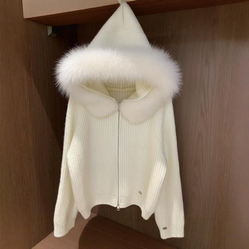 Damenmantel mit Kapuze und großem Pelzkragen, Reißverschluss, Pullover, Herbst- und Winter-Lässiger Stil, Gut aussehender Strick-Cardigan