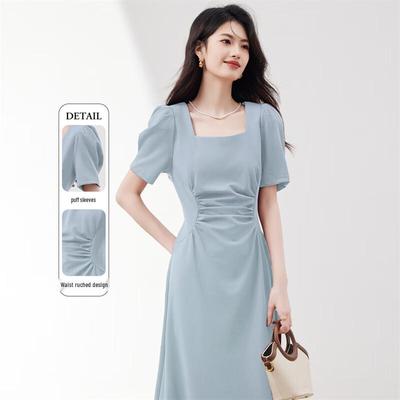 Elegant French Style Square Neck Puff Sleeve Midi Dress