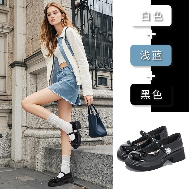 Foam Bottom Mary Jane Bow Women's Shoes 2025 Autumn Thick Sole Height Increase Velcro Shallow Mouth Single Shoes Small Leather Shoes