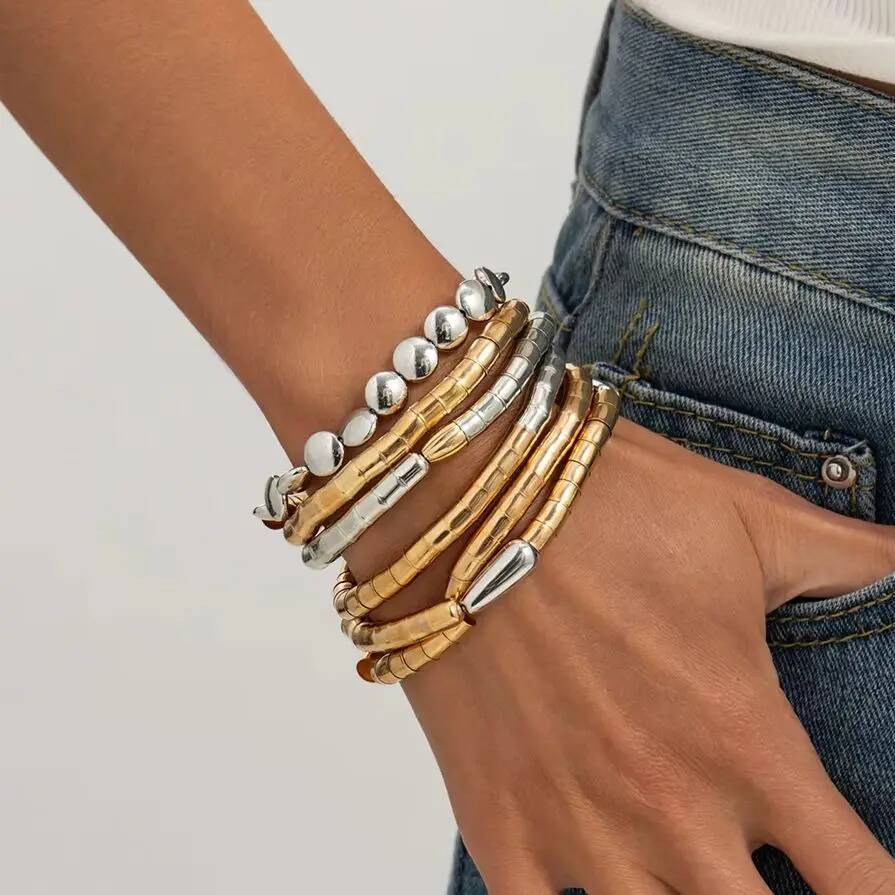 Salircon 6 Pcs Punk Trendy Irregular Geometry Bracelet Set for Women Men Creative Handmade Metal Stack Hand Chain Couple Jewelry