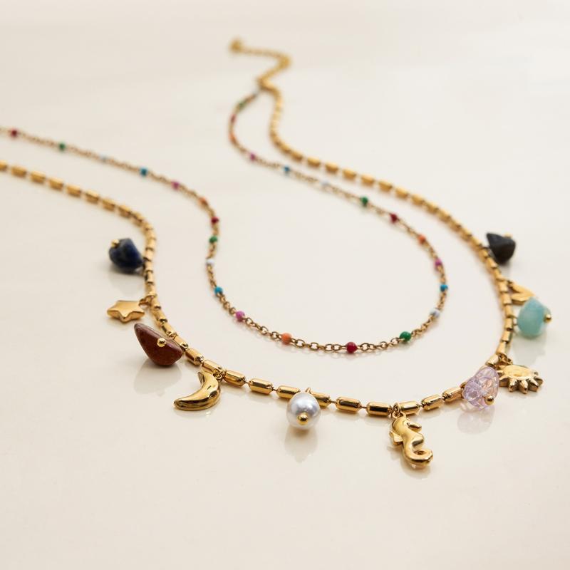 

Ретро Двухслойное Ожерелье с Эмалью в Океанском Стиле из Нержавеющей Стали Женское Ожерелье с Подвеской в Виде Морского Конька из Натурального Камня