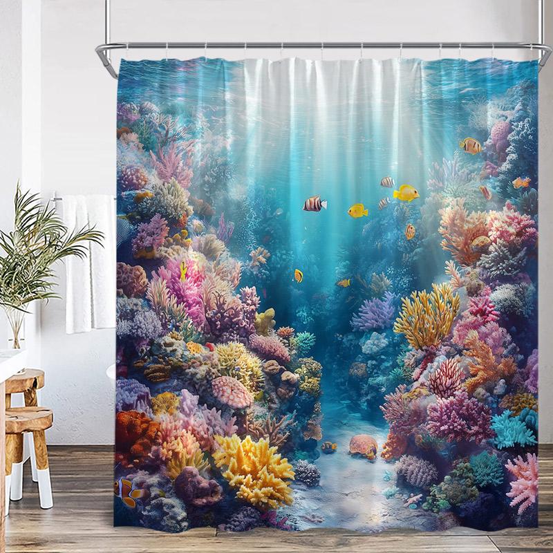 Ocean Dolphin Sea Turtle Shower Curtains Rainbow Waterfall Flowers Octopus Tropical Fish Seabed Scenery Bathroom Curtain Decor