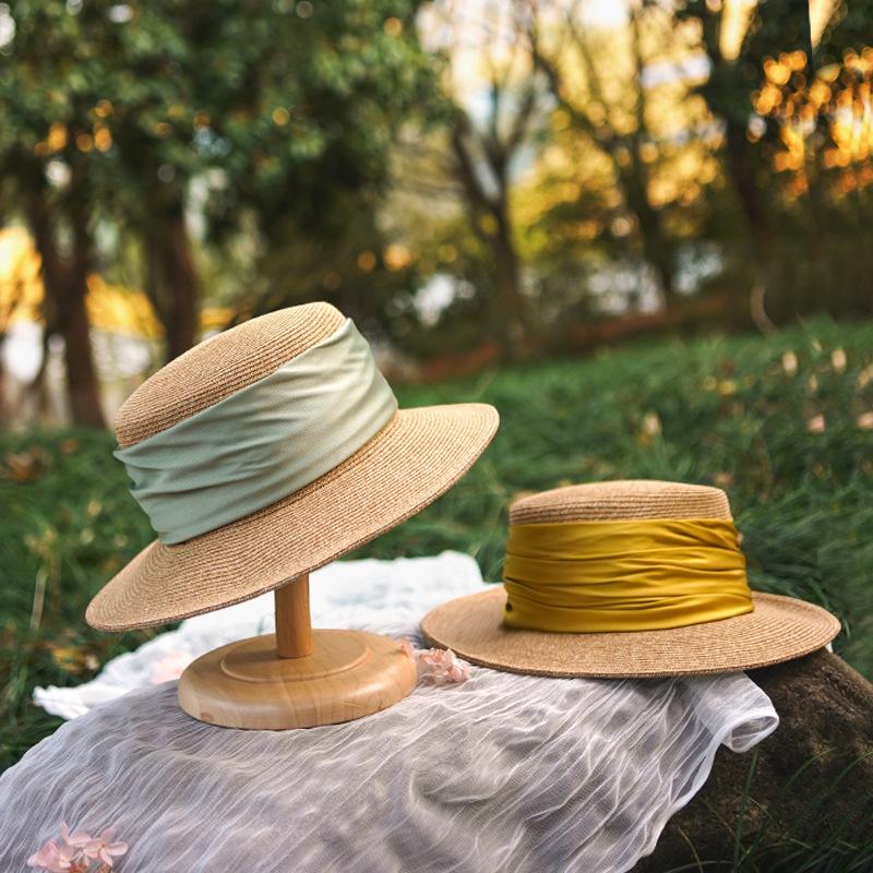 Flat top straw hat women's satin webbing big brim sunscreen hat beach sun hat summer straw weaving sunshade big brim top hat
