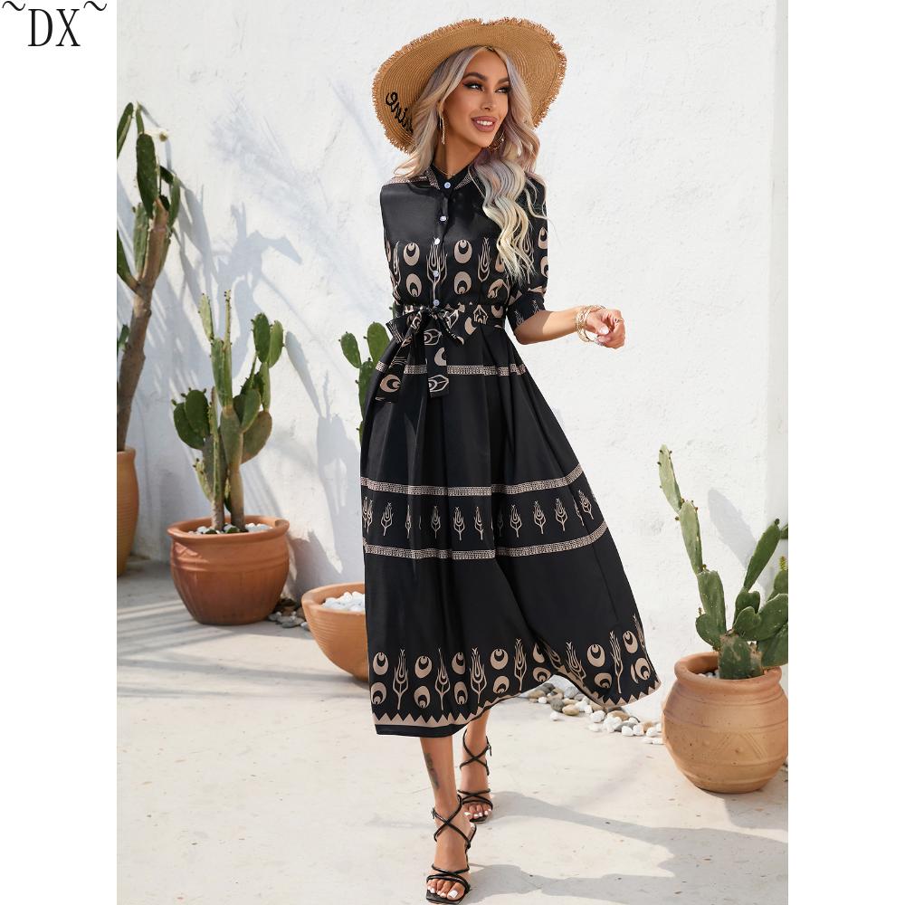 DX~~~ Sommerkleid mit bedrucktem Fünf-Punkt-Ärmeln