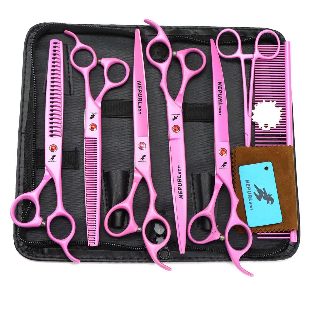 Napsun 8" Pink Pet Grooming Set: 5-Piece Straight Shears & Comb