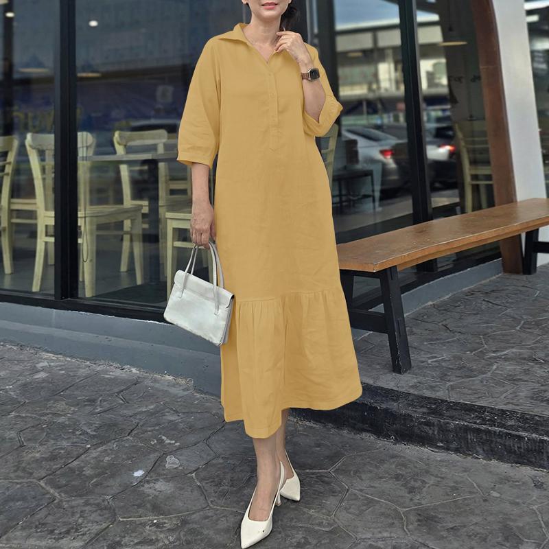 

ZANZEA Женское платье миди с отложным воротником, однотонное, свободного кроя, с рукавами 3/4 5XL хаки