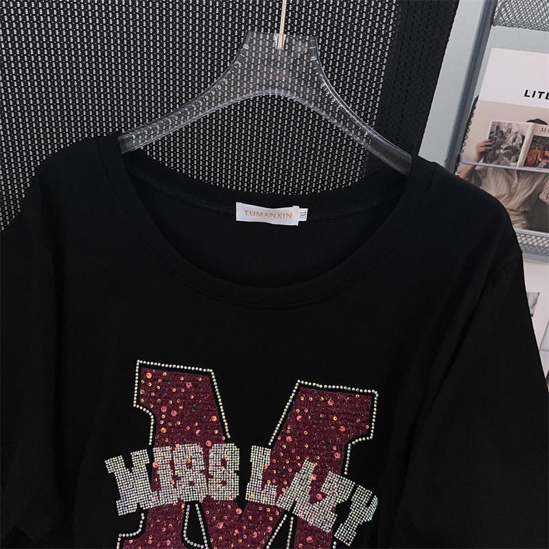Women's Plus Size Loose Fit Round Neck Short-Sleeve T-Shirt, Mid-Length Style (200/300/350 Jin)