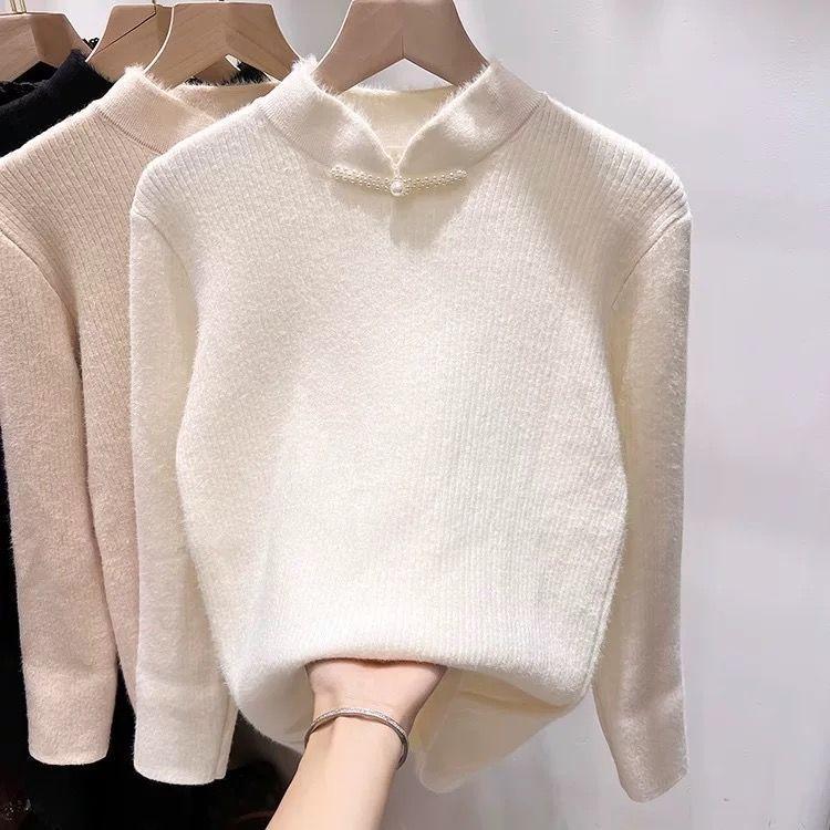 Retro Buckle Chinese Style One-piece Velvet Knitted Sweater for Women Half High Collar Thickened Warm Pullover Casual Velvet Sweater Autumn Winter