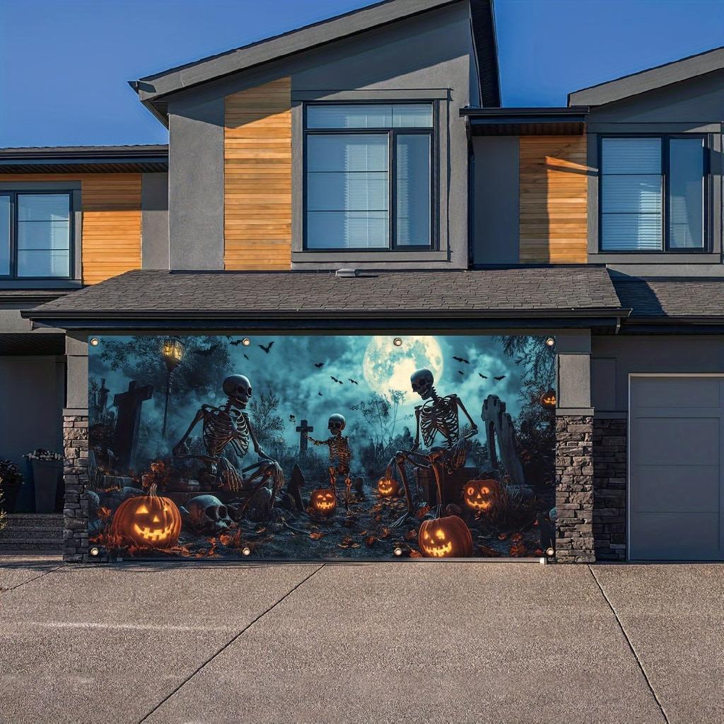 Halloween Ghostly Garage Banner Full Moon Graveyard and Skull Patterns Outdoor Celebration and Wall Decoration
