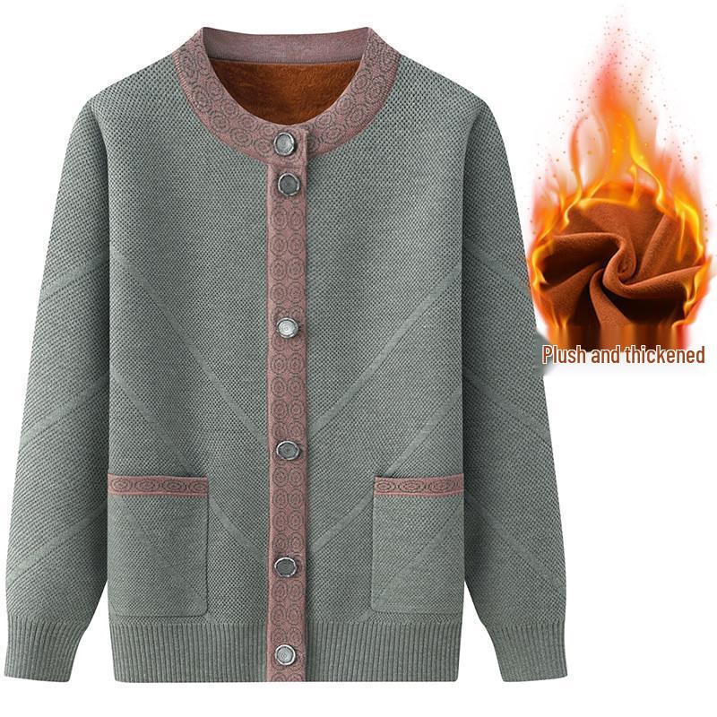 Damen Plus Samt Strickjacke - Verdickte Frühling & Herbst Jacke für Mittelalte und Ältere