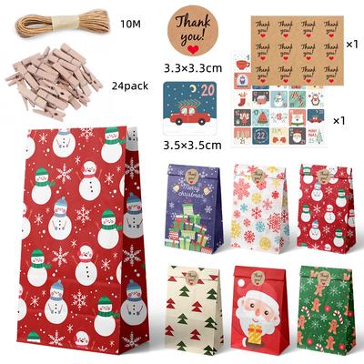 24pcs Christmas Kraft Holiday Gift Paper Packaging Candy Apple Bags Gifts Tote Bags Set Party Decoration Supplies