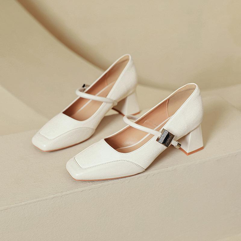 French Mary Jane Shoes Women's Middle Heel New Burgundy Light Mouth Square Head Single Shoes Retro Word with Thick Heel High Heels