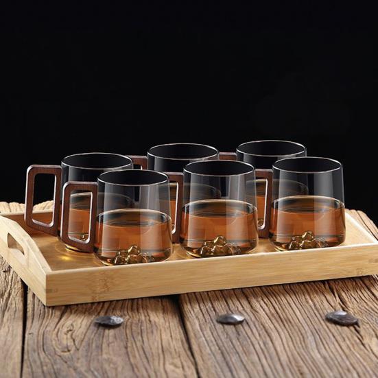 Yousheng 450ML Vintage Glass Cup with Wood Handle Heat-Resistant Mountain Bottom Clear Coffee Mug Large Capacity Tea Milk Water Drinking Cup