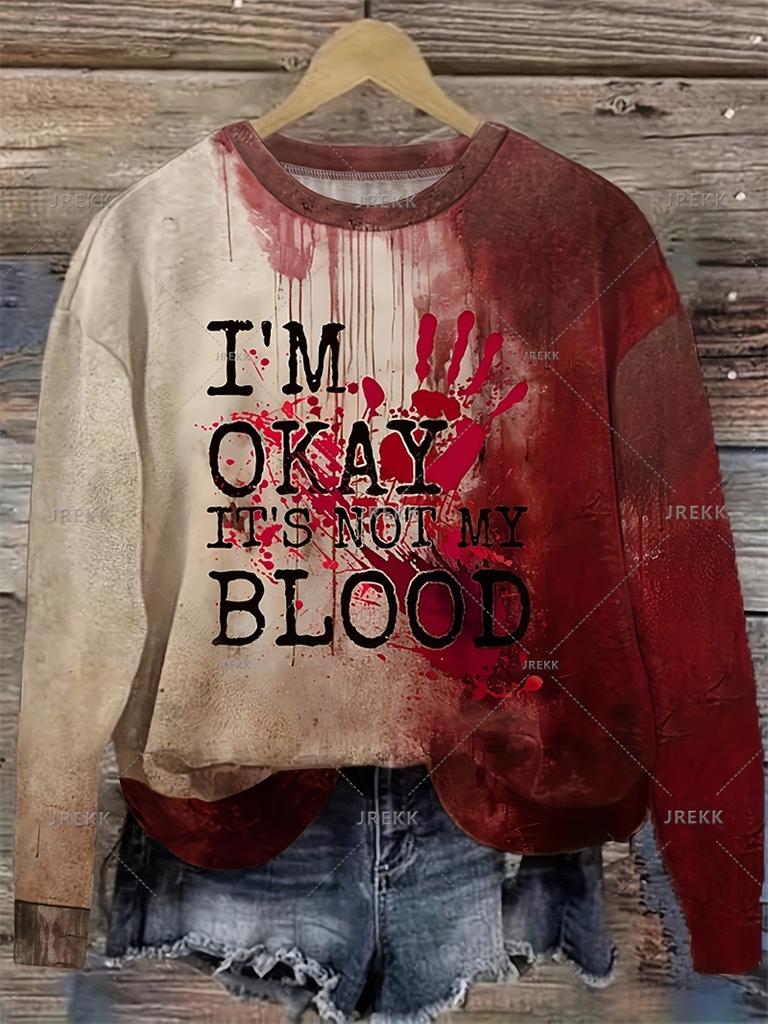 Harajuku 3D Horror Halloween Print Sweatshirts Red Bloody Patterns Graphic Round Neck Hoodies Women Fashion Clothing Sweatshirt