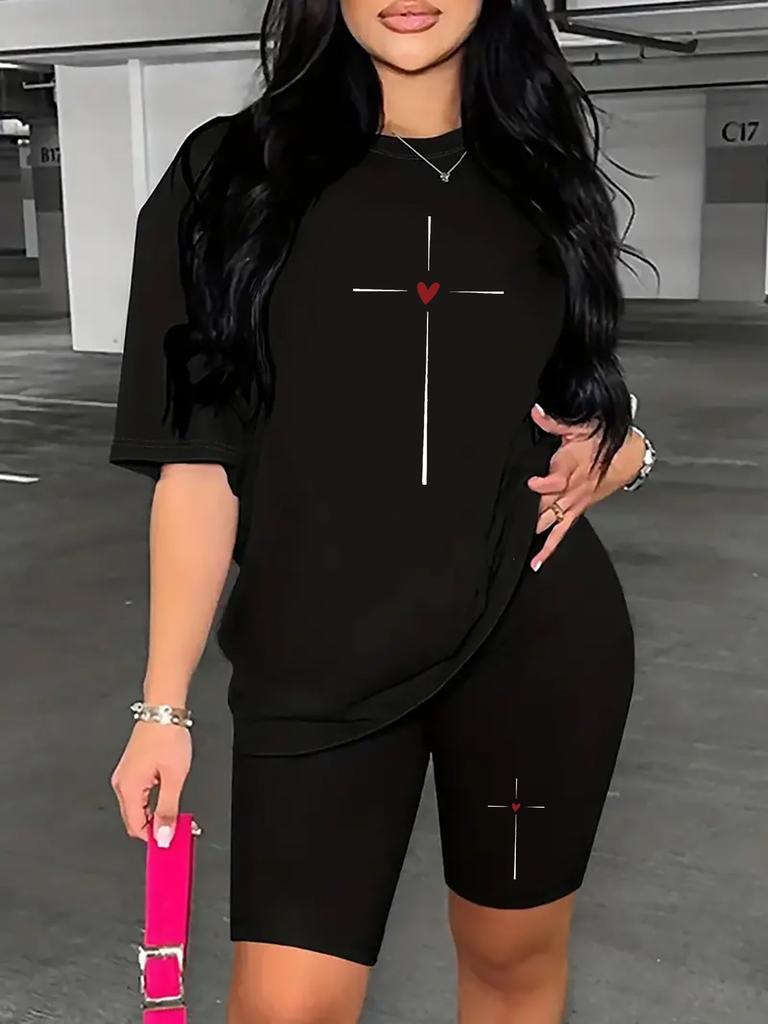 Bear standard size European and American women's clothing lip printing T-shirt shorts set sports suit