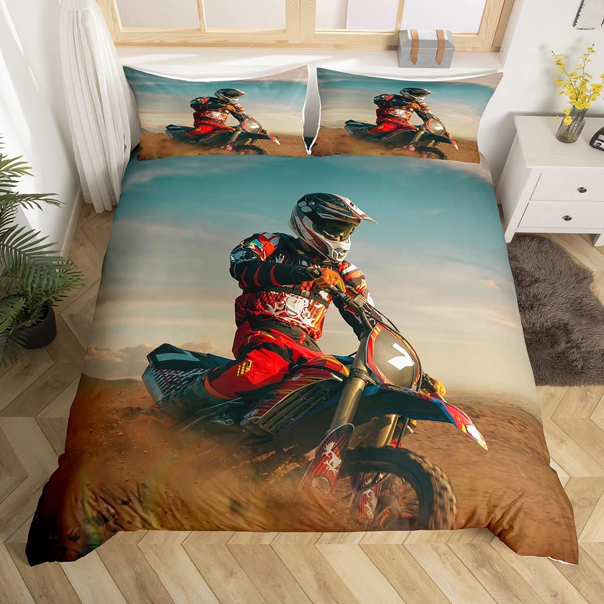 

Dirt Bike Soft Duvet Cover Set Extreme Sports Beding Set Motocros Rider Warm Comforter Cover Col Motorbike Bedspread Cover Quen Sized Dimensions 135*200cm Eu-Single