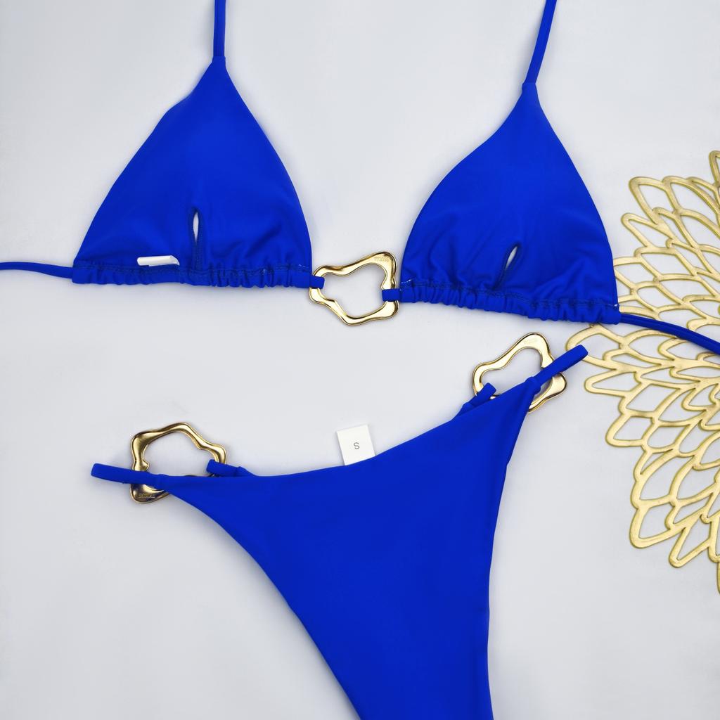 2025 Solid Color Bikini Women's Sexy Metal Buckle Briefs Split Swimsuit Fashion Bikini