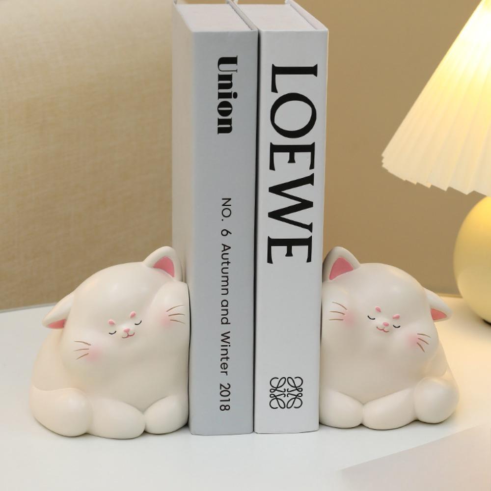 1pair/2pcs of super cute light luxury cream style cat face resin decorative bookends, heavy duty non slip bookends, for book magazine organization,