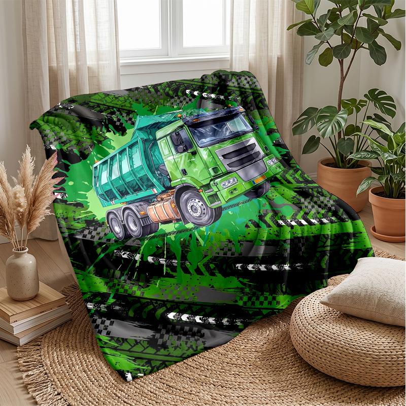 Green Garbage Truck Theme Blanket Lightweight Warm Flannel Blanket Decorative Throw Blanket for Home Decoration